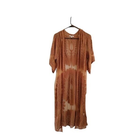 Rebellion Womens L Kimono Duster Brown Open Front Short Sleeve Boho Mesh Top - Picture 1 of 7